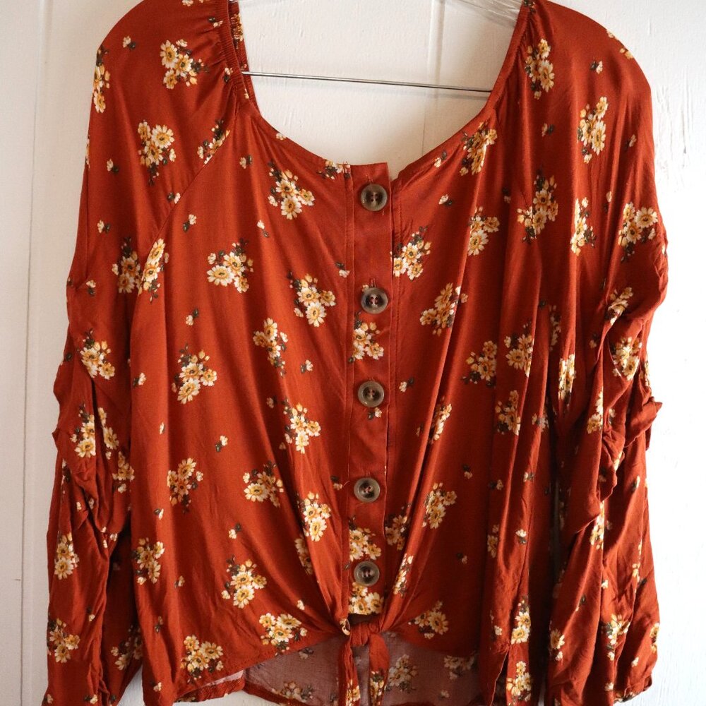 Chase Fame Juniors Large Rust Orange Floral Crop Peasant Top Cinched Sleeve Tie